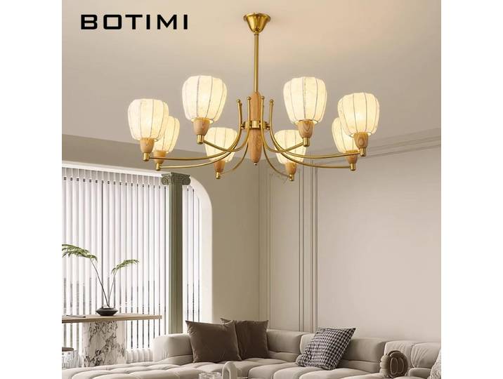BOTIMI Home DECO Lustre en bois naturel avec abat-jour en tissu pour Foyer Designer lumières de chambre à coucher en bois massif 3 6 8 Lustre nordique