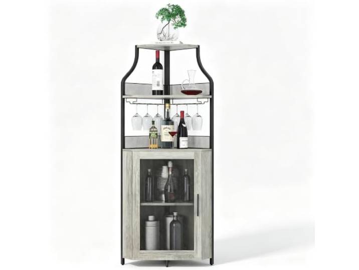 Koioplie Eck-Barschrank Metall Weinregal Gläserhalter Mesh-Tür Grau Gläserhalter, Mesh-Tür, Verstellbare Ablagen, Ecklösung, Getränkefach