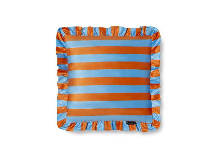 Coussin en velours avec volant plissé, orange et bleu
