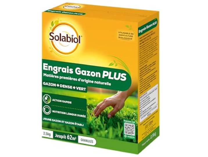 SOLABIOL Engrais Gazon Plus - Granulés - Jusqu'à 62m² - 2\,5Kg Nutrition Longue Durée - Gazon Dense & Vert - Action Rapide - Utilisable en Agriculture Biologique - SOGAZPLUS25
