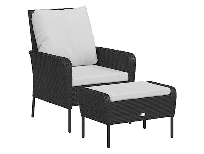 Coespram Gartenstuhl mit Fußhocker 2-teilig Poly Rattan Sessel Schwarz Ergonomischer Balkonsessel mit gepolstertem Hocker und dicken Kissen für Terrasse und Garten