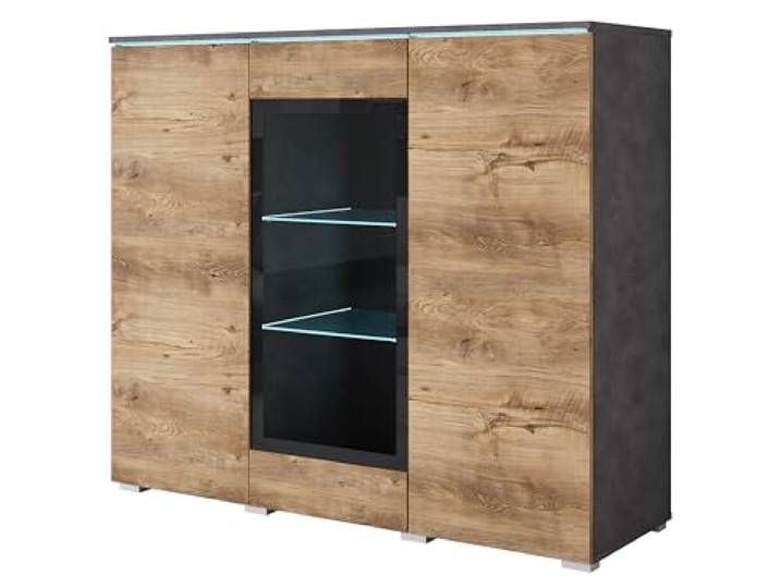 MINIO go for it - Kommode Veve Sideboard mit Glasstür, LED Wohnzimmer, Vitrine 120 cm Breit, Gablote Farbe: Graphit Matera/Kastanien Breslau, mit LED Beleuchtung