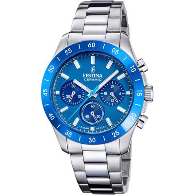 Chronograph FESTINA "Ceramic", silber (silberfarben, blau, blau), Armbanduhren, Damen, silberfarben-blau, Chronograph, Quarzuhr, Armbanduhr, Damen, Herren, Edelstahlarmband, Keramiklünette