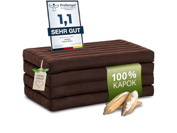 livasia Nachhaltige Klappmatratze aus Kapok - 200x80x8cm - Gästematratze, Faltbare Matratze einfarbig, ökologische Yogamatte, klappbares Gästebett, Liege Garten Balkon (Braun Uni)
