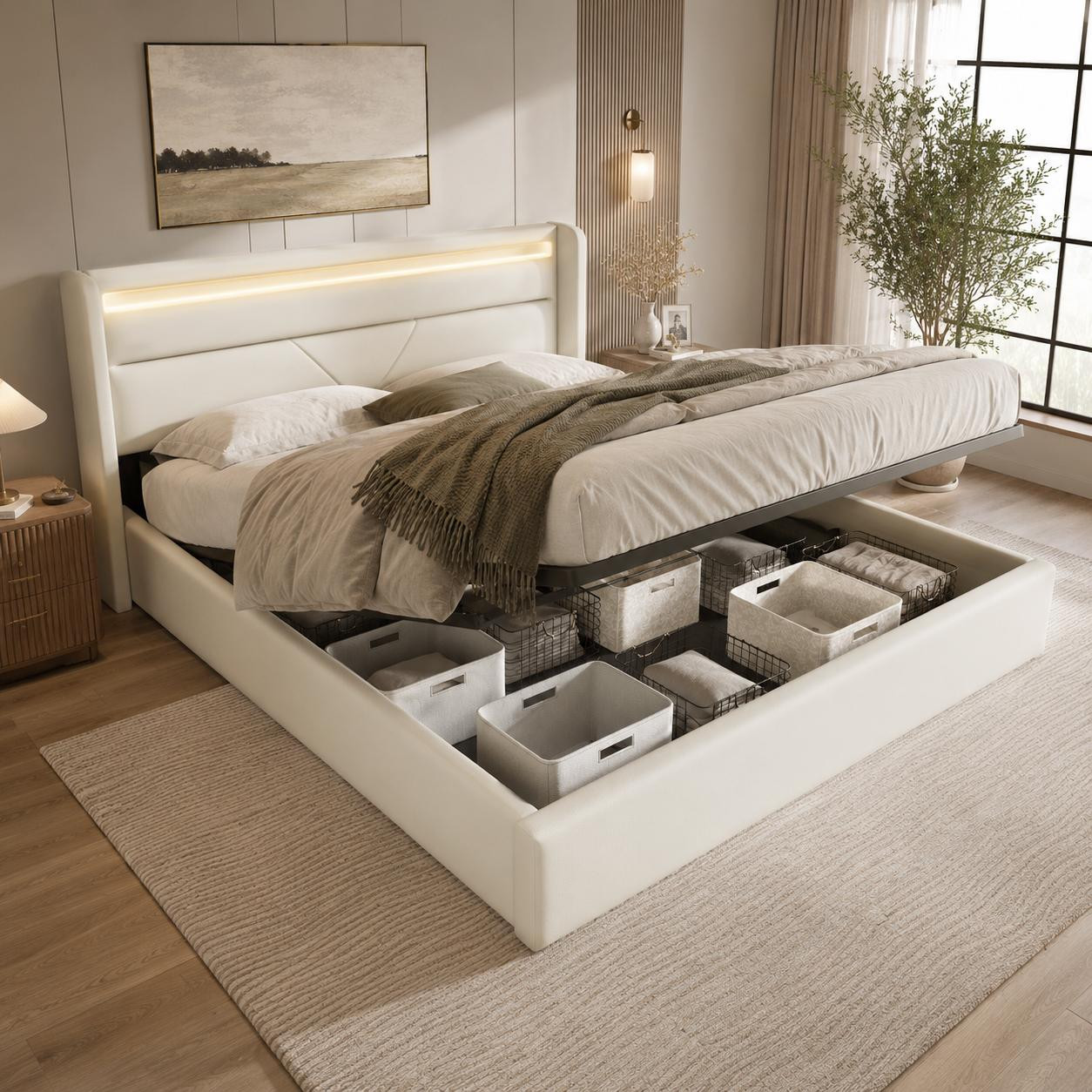 Alforigo Gestoffeerd bed met LED-verlichting en opbergruimte, Wit, 160x200 cm