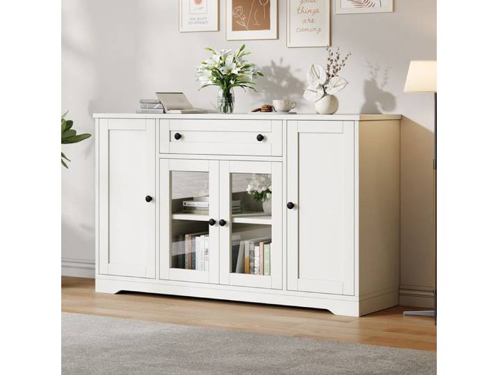 Piaenon - Buffet bas 138x40x83cm avec 4 Portes 1 Tiroir 6 Rangements 30kg Design Moderne Salon - Blanc