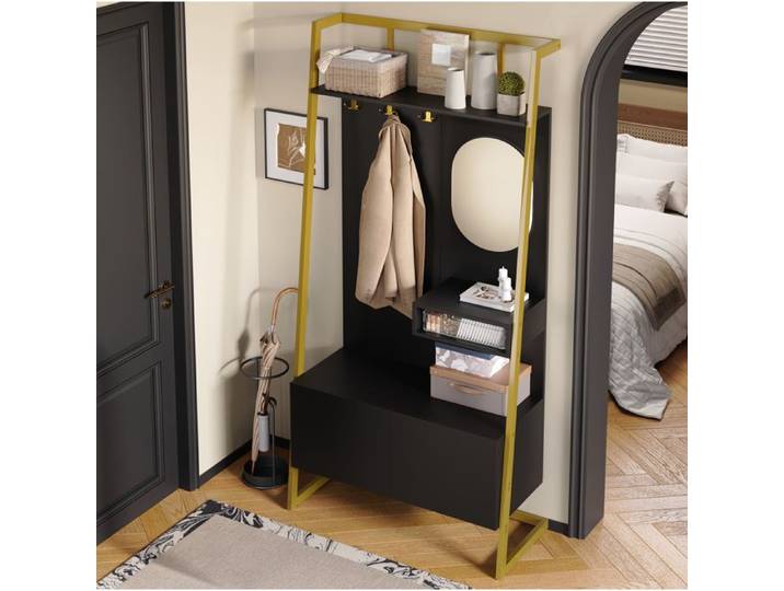 Vestiaire D Entree Compact Noir Meuble De Hall Moderne FloraGrace Pour Entree Miroir Et Rangement 78x38.5x180.5cm