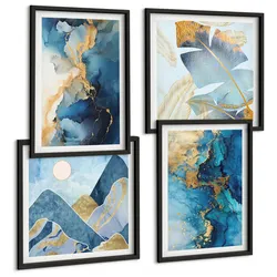 BILDER SET 4er Set - 50x50 cm & 40x60 cm Schwarzer Rahmen - Goldmuster in den blauen Bergen