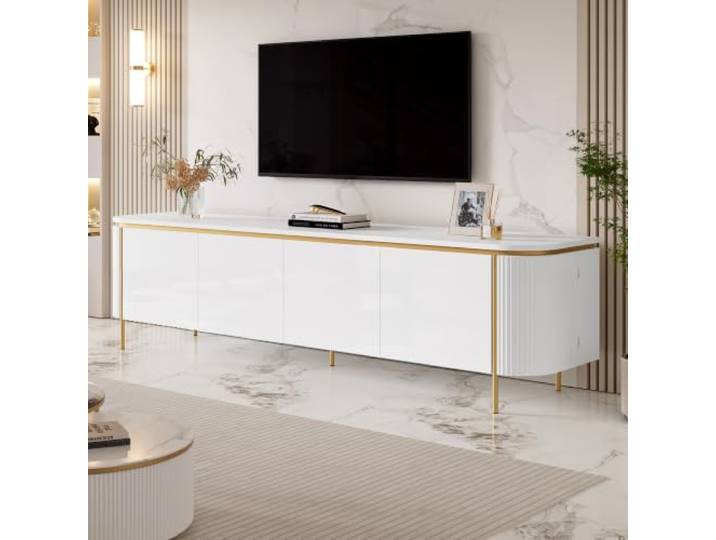 BTM Moderner TV-Schrank, TV-Ständer, TV-Paneel, niedrigerer TV-Ständer. Einzigartiges Design. 180 x 38 x 46cm (L x B x H),Weiß, Abgerundete Enden mit Riffelung
