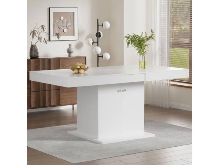 Table à manger blanc laqué 140/180x80x76cm Extensible télescopique avec rangement