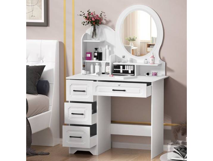 Coiffeuse avec Grand Miroir LED 4 Tiroirs Étagères Ouvertes Dimensions 80x40x137cm Design Élégant Blanc