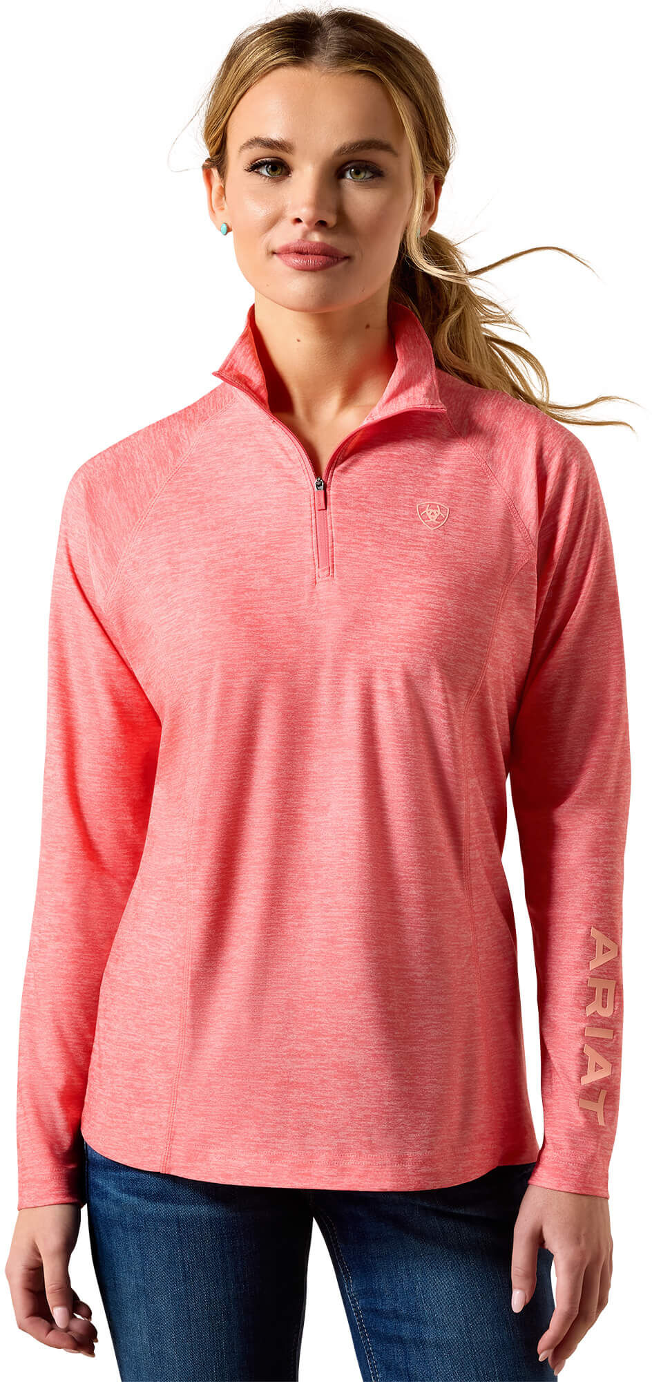Women's Laguna 1/4 Zip Top in Sun Kissed Coral Heather, Size: Large by Ariat
