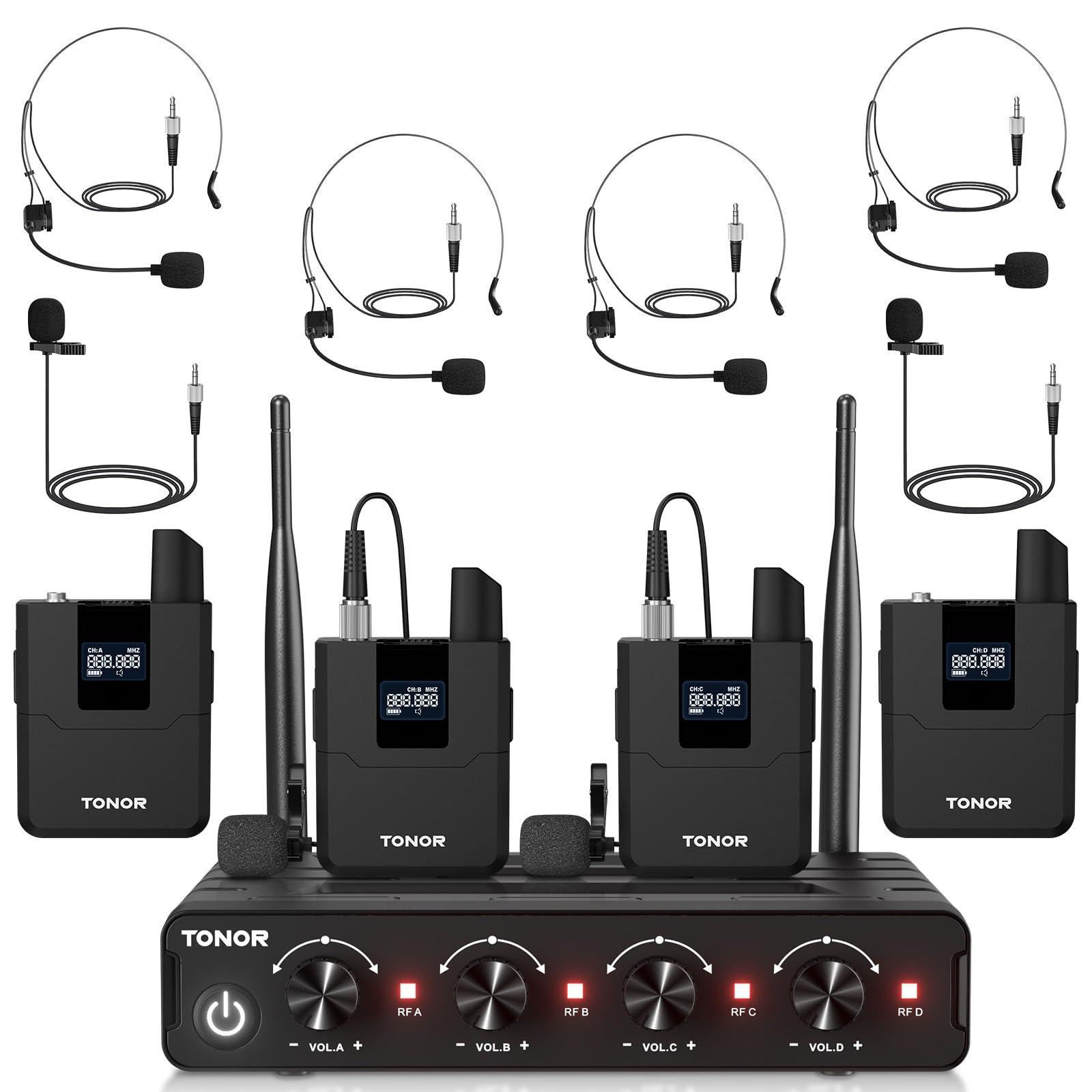 Selius Draadloze Microfoon Set met 4 Bodypacks - UHF Bereik 60m - Lavalier en Headset - Zwart - Voor Presentaties