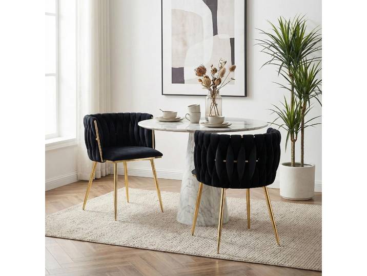 LVHOM Esszimmerstühle Samtbezug Wohnzimmerstuhl 2er Set Polstertuhl Geflochtener Stil, Esszimmer Stuhl, Goldene Metallrahmen, Schwarz