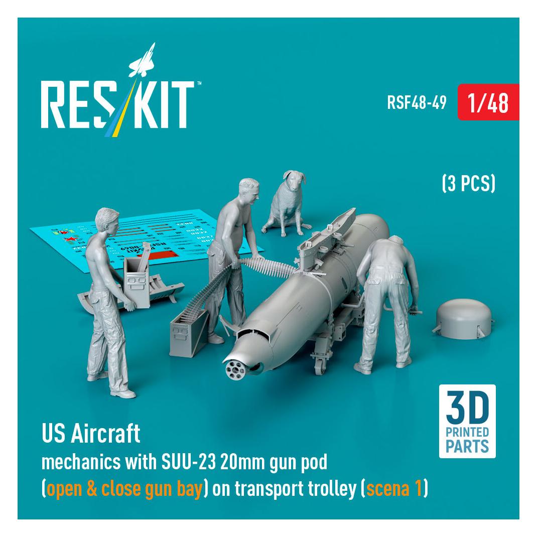 ResKit US Aircraft mechanics with SUU-23 20mm gun pod (open & close gun bay) on transport trolley (scene 1) (RSF48-0049)