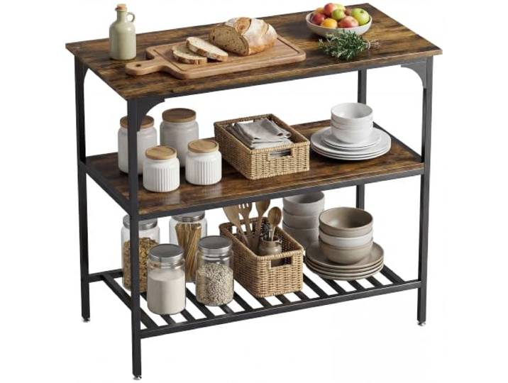 HOMCOM Küchenregal mit Großer Arbeitsplatte 100x50x90 cm 3-stufiges Standregal, Industrielles Bäckerregal, Stahlrahmen, Esszimmer, Küche, Wohnzimmer, Rustikal-Braun+Schwarz