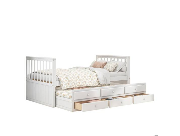 VLIVRA Lit gigogne 90×200 cm et 90×190 cm Lit Simple - 3 Tiroirs - Enfant - sans matelas - Bois Blanc