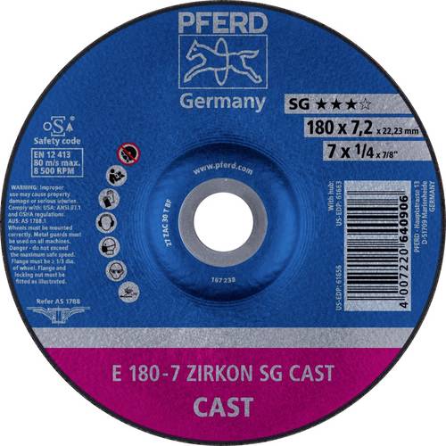 PFERD TOOLS 62217738 E 180-7 ZIRKON SG CAST Schruppscheibe gekröpft Durchmesser 180mm Bohrungs-Ø 22.23mm Grau-/Sphäroguss