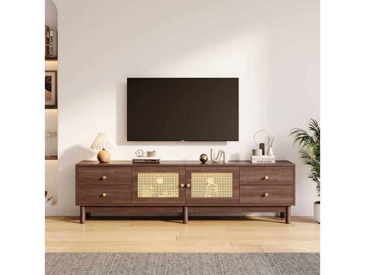 Meuble TV 180 cm - Portes en Rotin - 4 Tiroirs - Gestion des Câbles