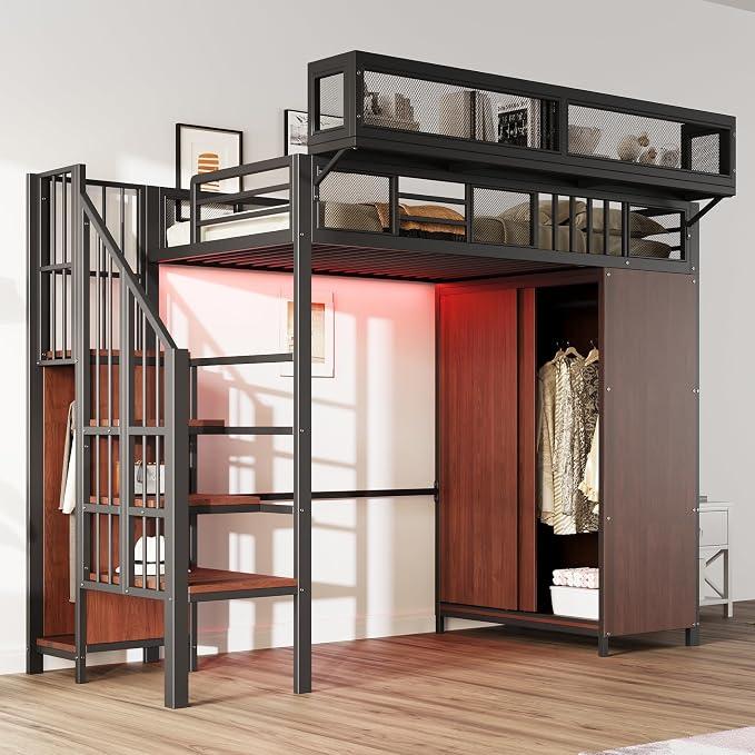 Metall-Hochbett 90×200 cm, mit Kleiderschrank, LED-Beleuchtung, und abnehmbaren Regalen, platzsparendes Loftbett, Schwarz (ohne Matratze)