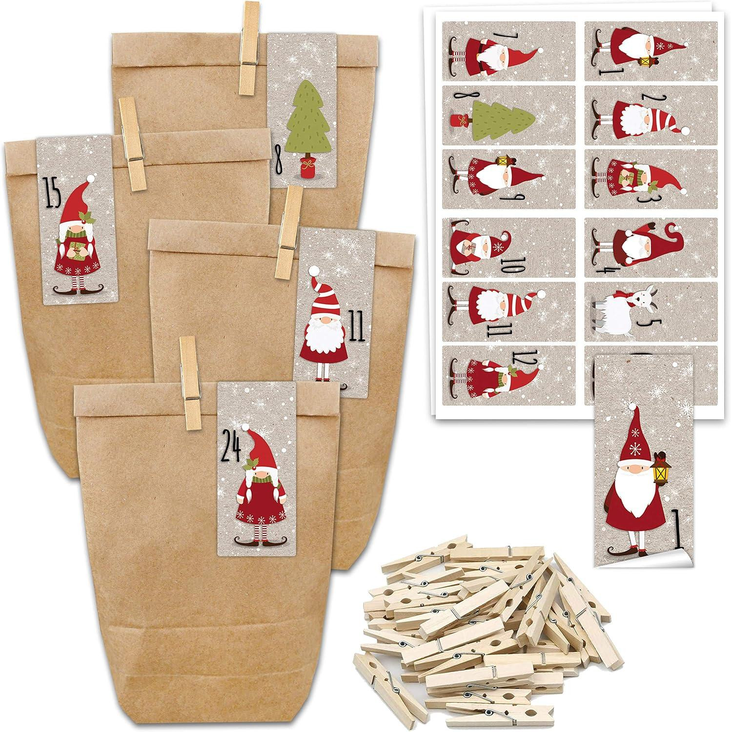 oCreon Adventskalender om te vullen met 24 cadeauzakjes, cijferstickers en clips - Kerstman motief