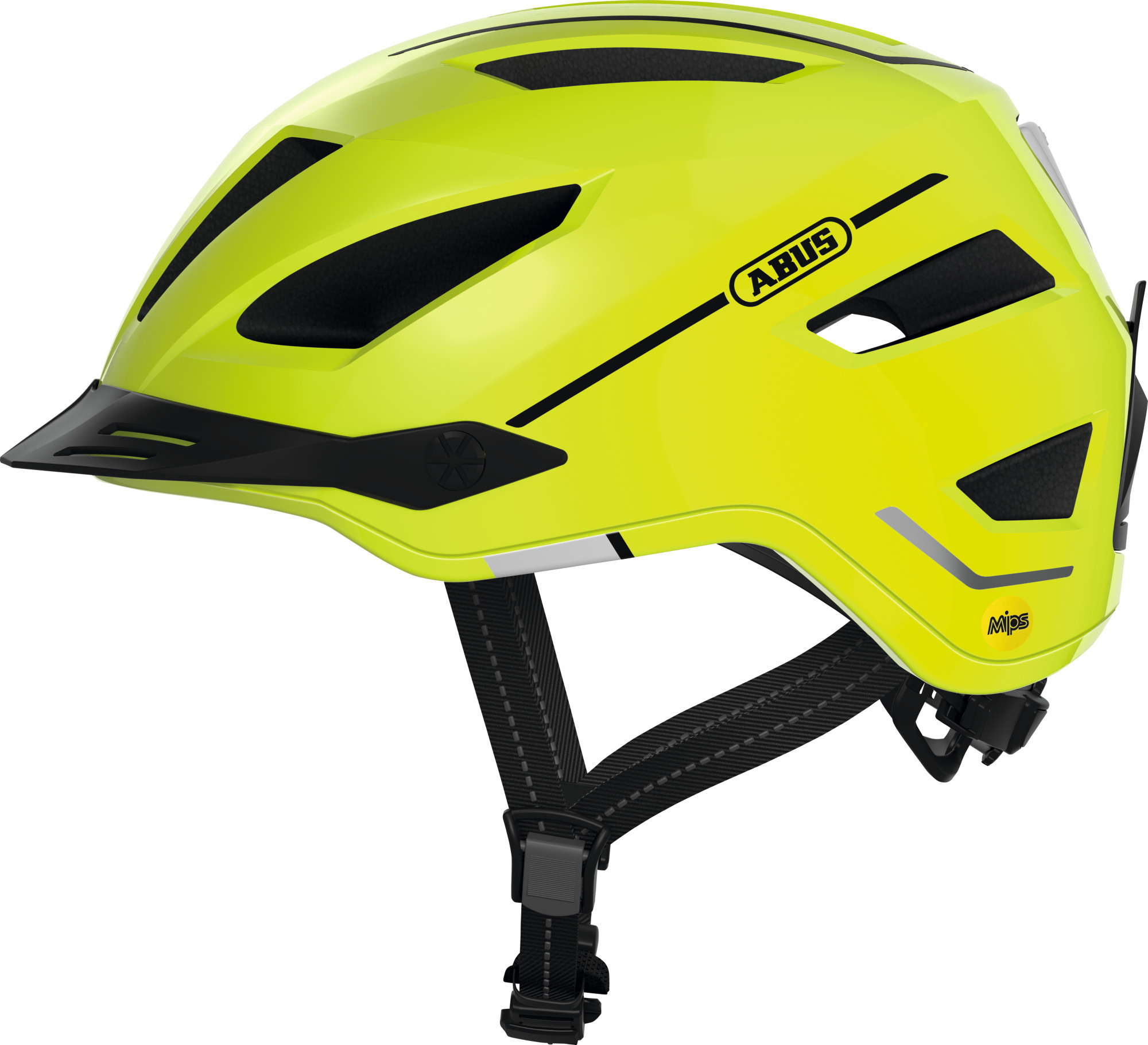 ABUS Stadthelm Pedelec 2.0 MIPS - Fahrradhelm mit Rücklicht, chirm, Regenhaube und MIPS-Aufprallschutz - für Damen und Herren - Gelb Glänzend, Größe L (56-62 cm)