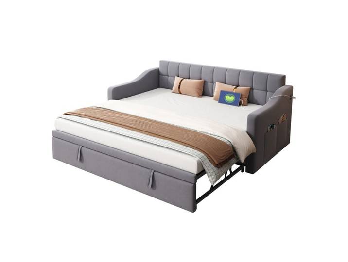 ULEVR canapé-lit rembourré extensible 90x190 cm - couchage 180 cm ports USB intégrés usage quotidien gris velours