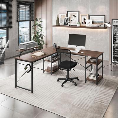 Aura L-Shape Industrial Desk with storage shelves, Walnut