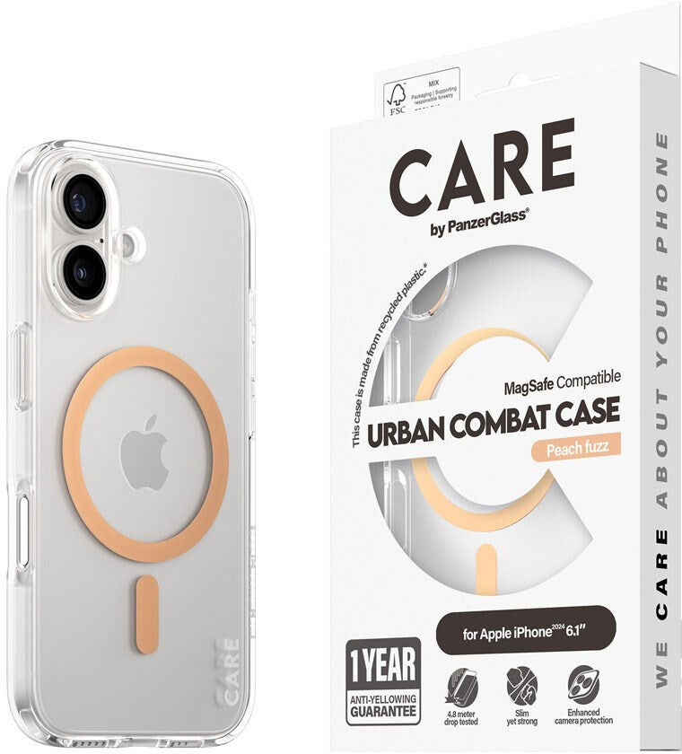CARE by PanzerGlass iPhone 16 FLAGSHIP Urban Combat Cover - MagSafe Kompatibel - Transparent / Peach Fuzz