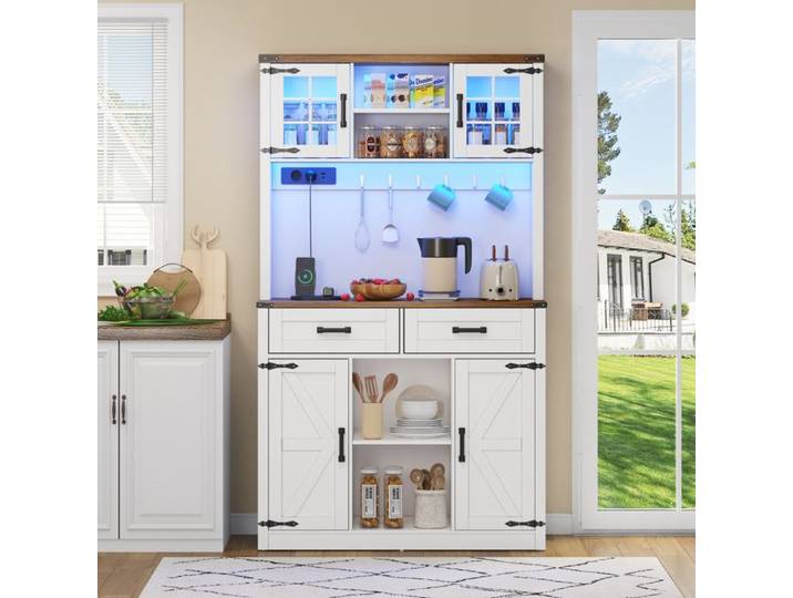 Buffet Buffet bas avec 2 tiroirs 4 portes Buffet moderne Éclairage LED Réglable Buffet de salon cuisine chambre Blanc