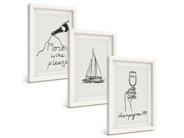 BILDER SET 3er Set - 20x30 cm Weißer Rahmen - Weinsegelboot-Glas-Linienzeichnung