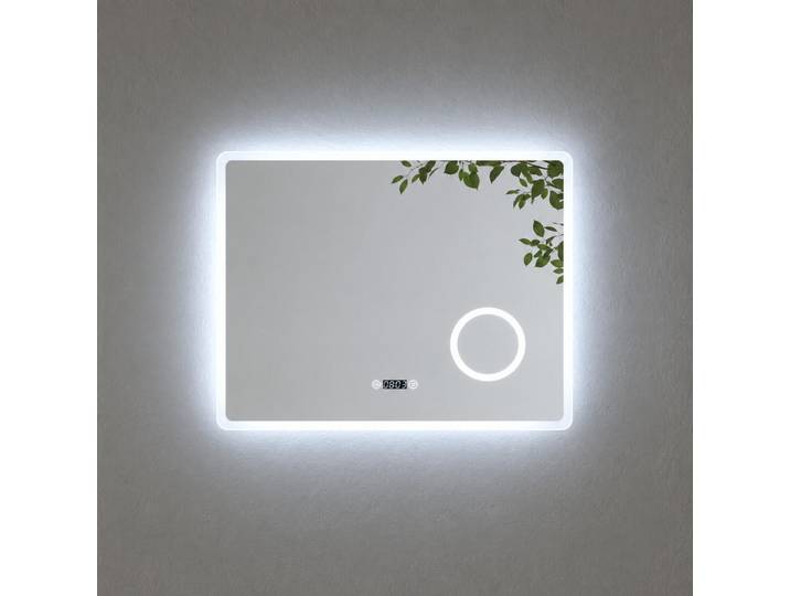 Emke Badspiegel mit Zeitanzeige Beleuchtung mit Integriertem Schminkspiegel 80/60 cm, Transparent, Glas, Mode, Rechteckig, 80x60x3.5 cm, Badezimmer, Badezimmerspiegel, Badspiegel