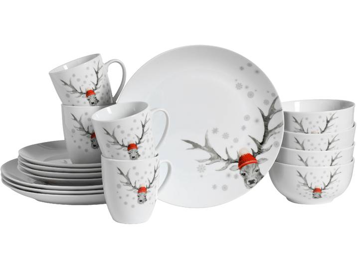 Kombiservice CREATABLE Luna Hirsch , weiß, 16 Stk., Porzellan, Geschirr-Sets, Kombiservice, winterliches Hirsch-Motiv