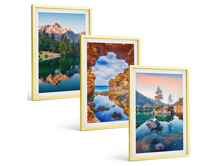 BILDER SET 3er Set - 40x60 cm Goldrahmen - Spiegelungen der Felsen in Bergseen