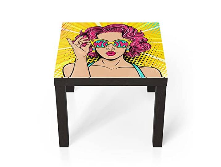 DEQORI Glastisch schwarz klein 55x55 cm Motiv Frau mit Sonnenbrille ausgefallener Beistelltisch aus Glas Hochglanz Couchtisch fürs Wohnzimmer moderner Couch Tisch mit Design