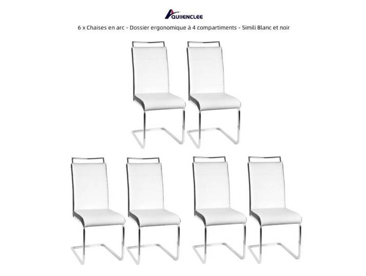 QUIIENCLEE 6 x Chaises en arc - Dossier ergonomique à 4 compartiments - Simili Blanc et noir L 46 x 44 x 101 cm