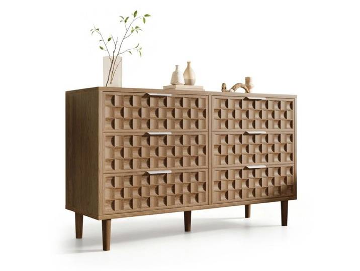 Buffet Bahut 120x37x77cm Aspect Chêne 6 Tiroirs Motif Gaufre Chocolat Poignées Métal Style Années 50 Salon Chambre Entrée
