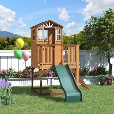 Erommy Outdoor Wooden Playhouse for Kids - Fir Tree House with Slide, Climbing Ladder & Play Kitchen