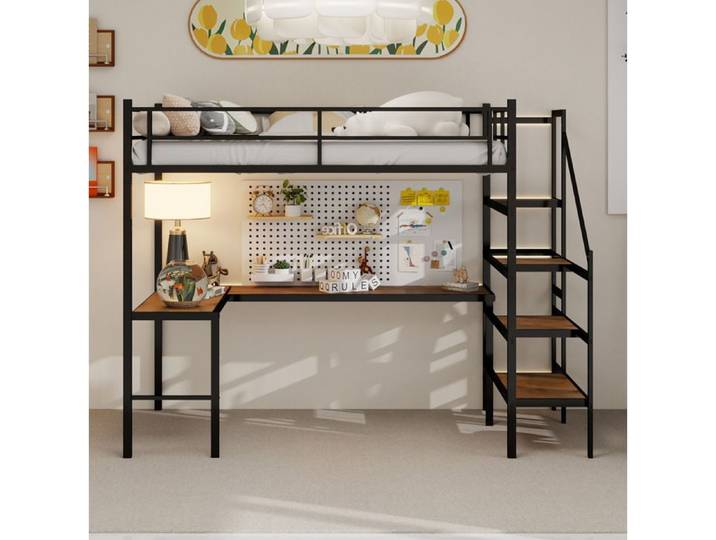 Lit mezzanine noir bureau en L intégré escalier avec rangements structure solide sans matelas