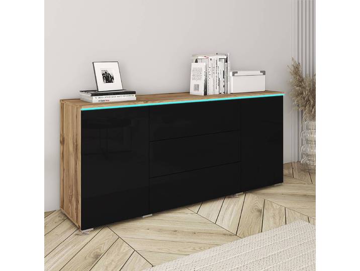 Enfilade éclairée Cripe 150 x 68 x 40cm Marron/Noir/Noir brillant/Imitation chêne