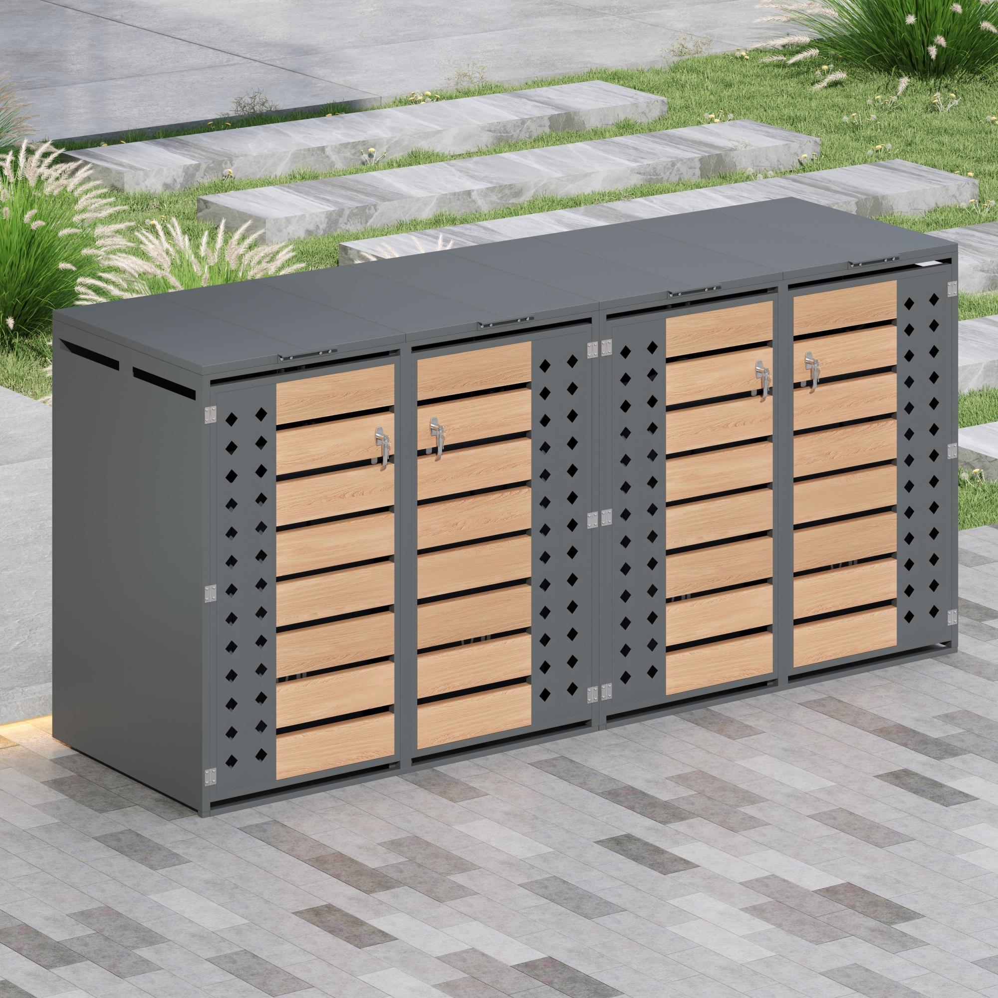 Merax 2er Mülltonnenbox mit Klappdeckel, diamantförmige Seitenausschnitte, horizontale Holzmaserung, abschließbar, 2 Fächer für Garten & Hof