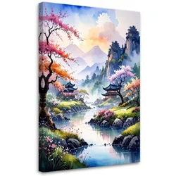 BILD auf Leinwand, Japanische Pagode Pastelllandschaft