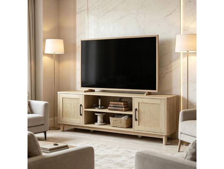 Meuble TV - SOGEU - 135x39x45 cm - Chêne & Rotin - 2 portes - Pour TV jusqu'à 65