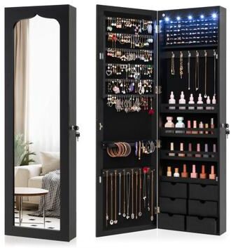 Costway Lockable Wall Mounted Mirror Jewelry Armoire with 5 LEDs and 6 Drawers-Black