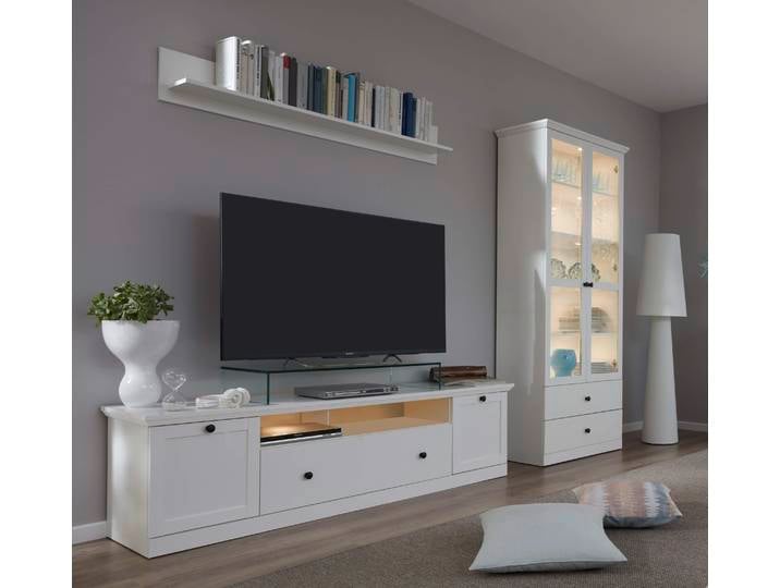 Wohnwand Baxter , weiß , Landhausstil , 3-teilig , LED Beleuchtung