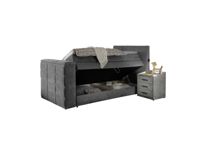 Trendstore Benni Boxspringbett mit Motor, TV-Halterung und Bettkasten - Microvelours Uran 03 dark grey - 120 x 200 - Bettkasten und TV-Halterung perfekte Mischung aus Design und Funktionen, bis 40 Zoll TV geeignet, schlafen wie im Hotel, zwei Größen, fünf Farben, Einzel- oder Doppelbett Modern