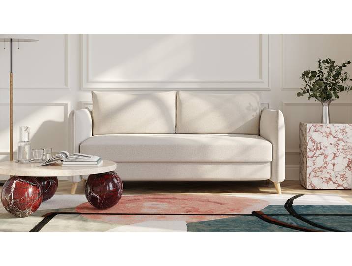 BRUNO Schlafsofa 160cm in Creme Ecru Pillow stabiles Massivholz & Boxspringkomfort