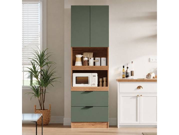 Armoire haute de cuisine Norevia 2 étagères coulissantes vert et décor bois hauteur 200 cm