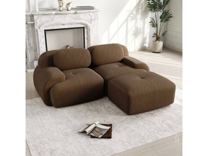 Canape D'Angle 2 Places Marron Canape Modulable FloraGrace Pour Salon Et Chambre Sans Montage Avec Pouf 208x178x75cm