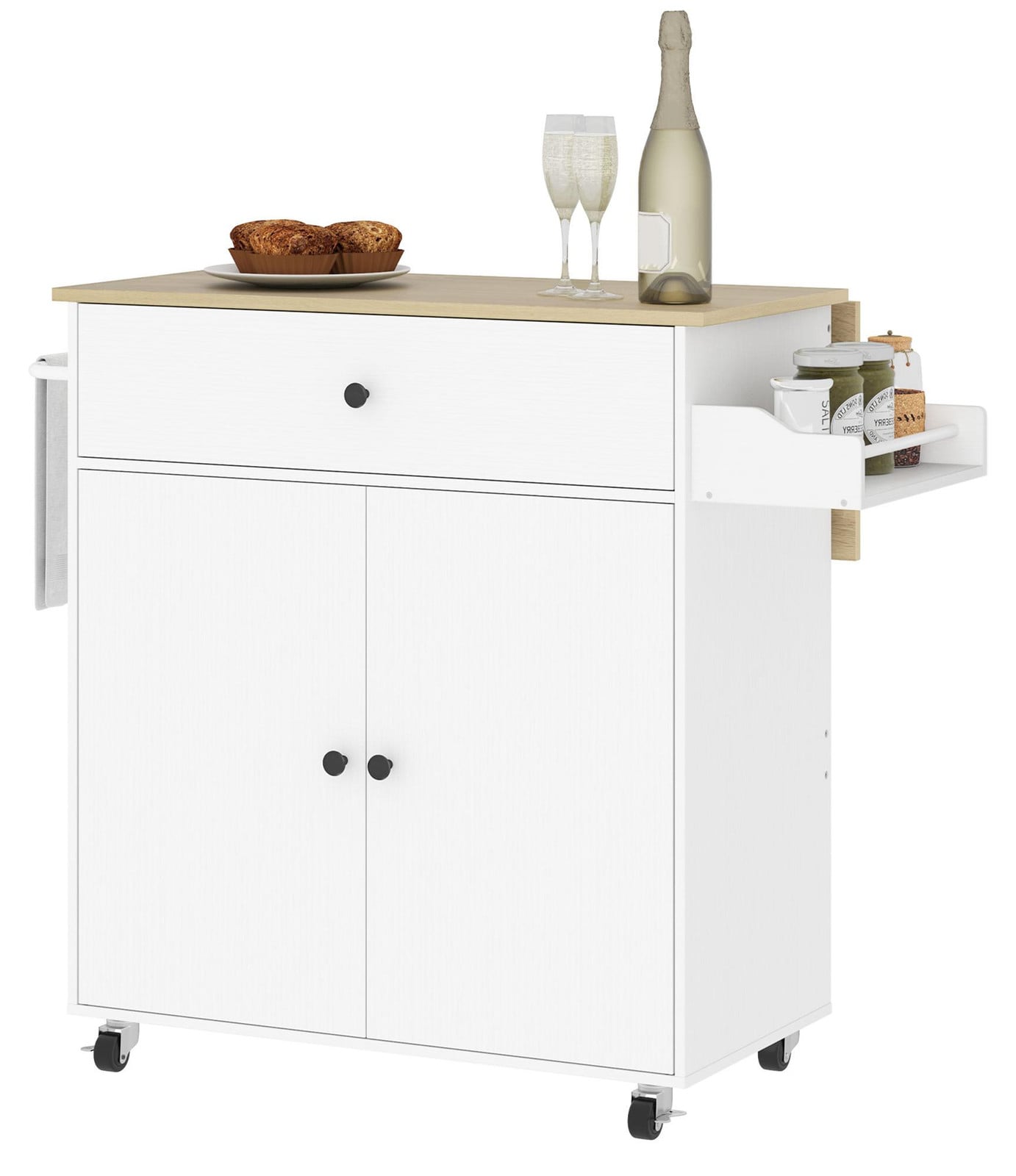HOMCOM Keukeneiland mobiele keukentrolley met wielen en uitklapbaar werkblad